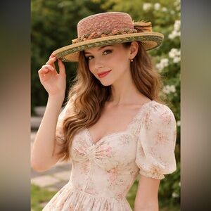 Vintage Straw Boater Hat Wide Brim Pink Green Cottagecore Garden Party Prairie